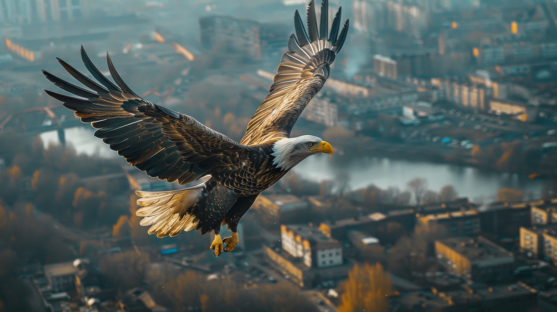 aerial photo. in the foreground is a bald eagle, viewed from above on its back. Below it, in the bokeh, is Manhattan. Realistic photo.